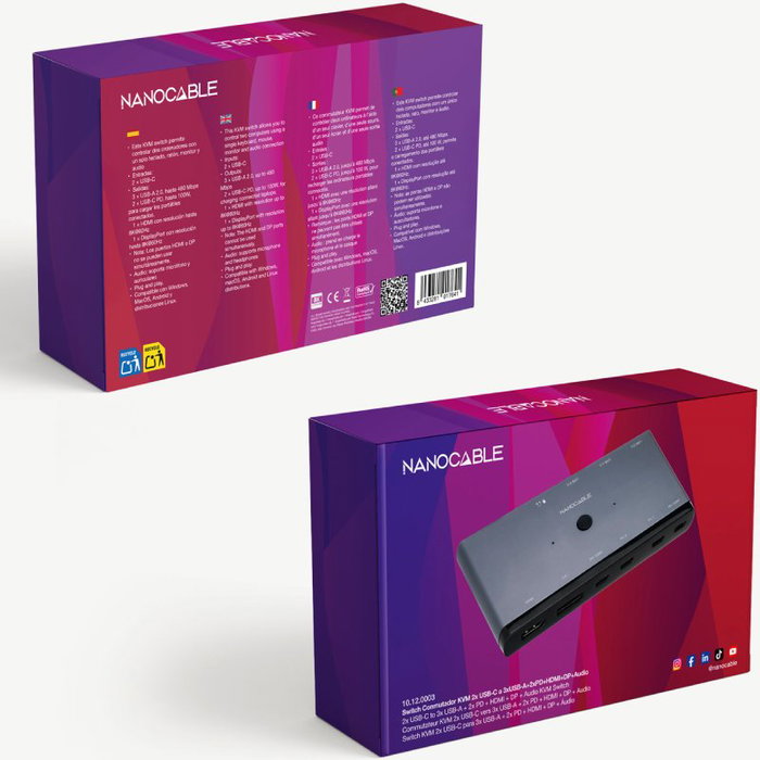 Nanocable Switch KVM 8K 10.12.0003 con HDMI, DisplayPort y USB-C PD